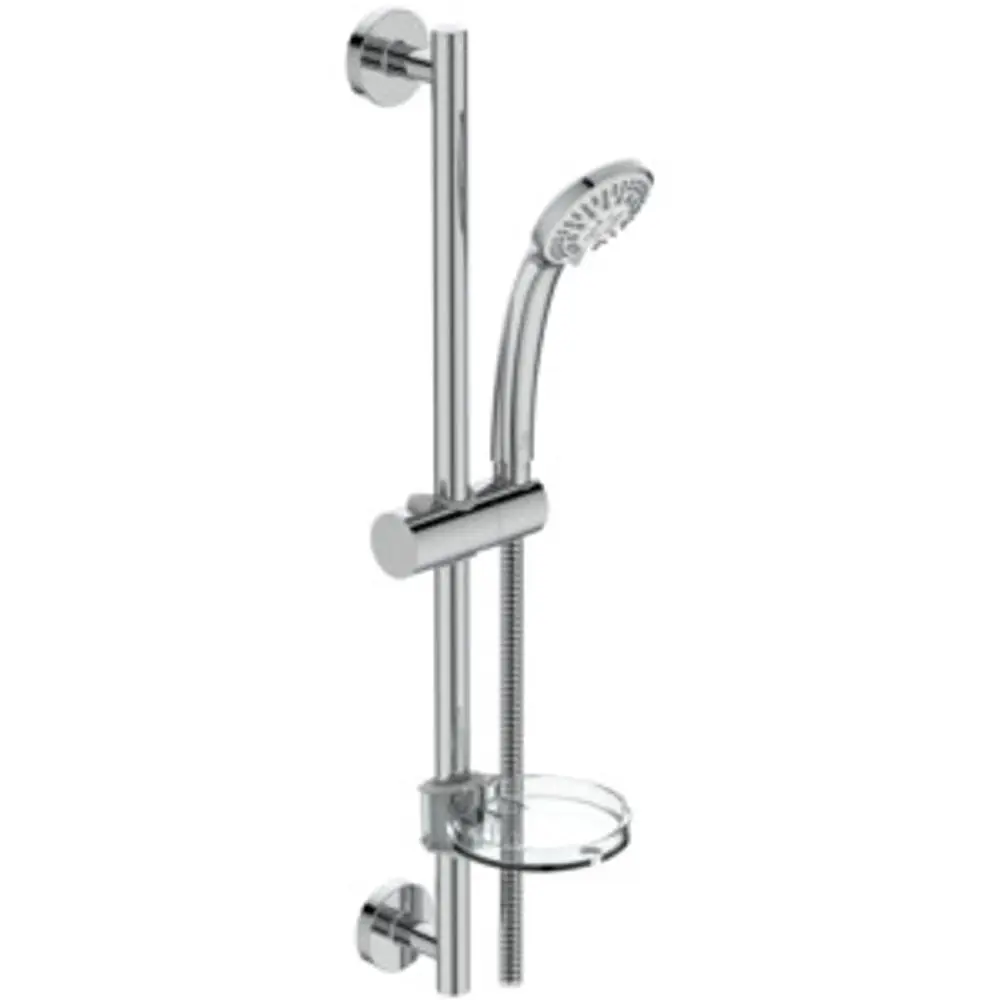 Handbrause mit Halterung und Ablage von Ideal Standard, aus verchromtem Material. Die Brause hat mehrere Funktionen und ist an einer vertikalen Stange montiert.